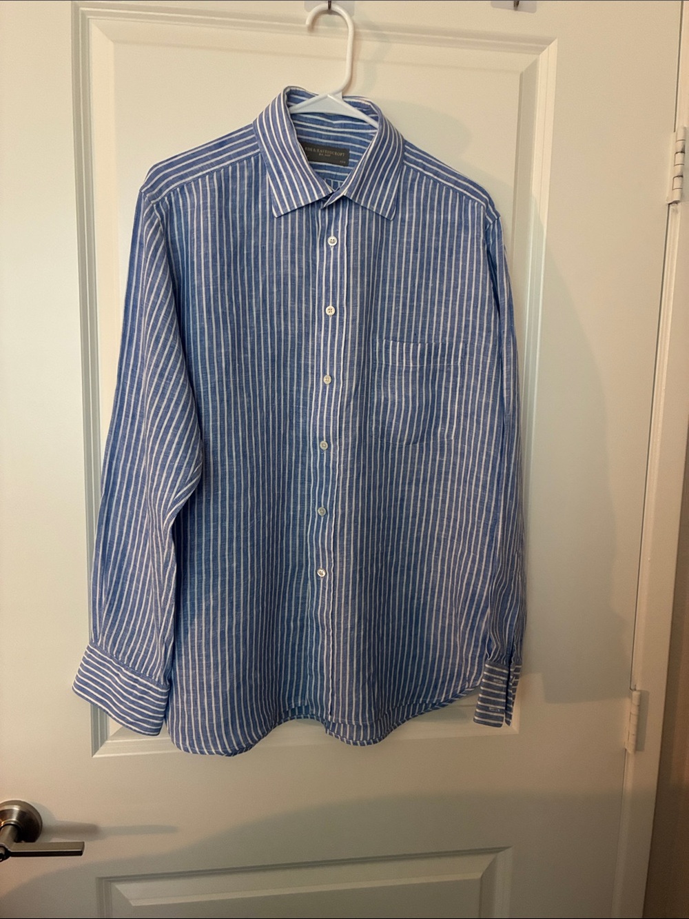 EDE RAVENSCROFT 100% Linen Men's Blue and White Stripe Button-Up Shirt